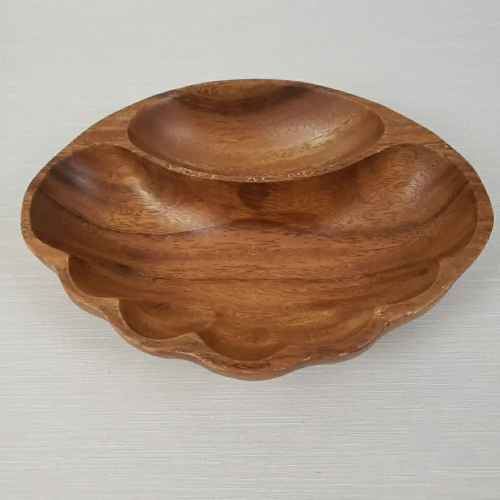 VTG Monkey Pod Wood Clamshell Shape Chip & Dip Tray Dish Bowl Farmhouse MCM